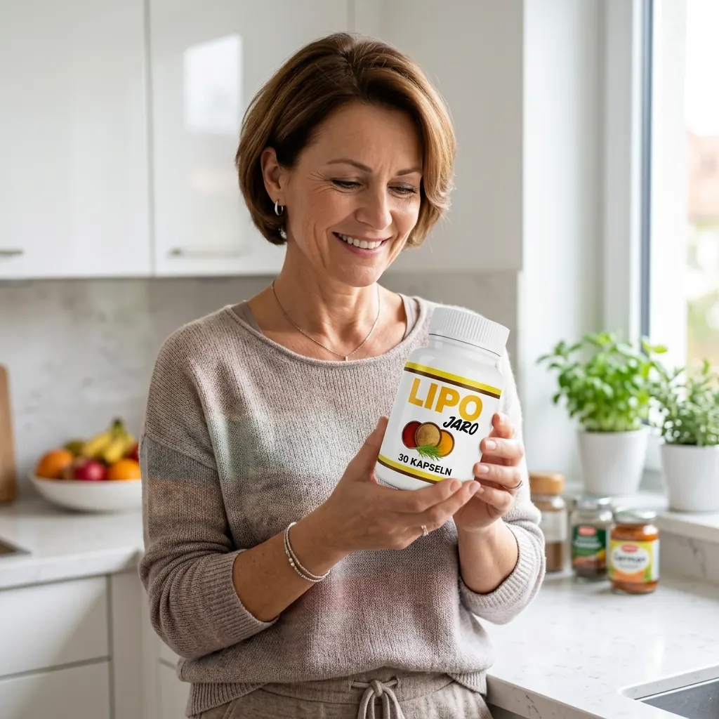 Frau um die 50 hält eine Dose LipoJaro in der Küche