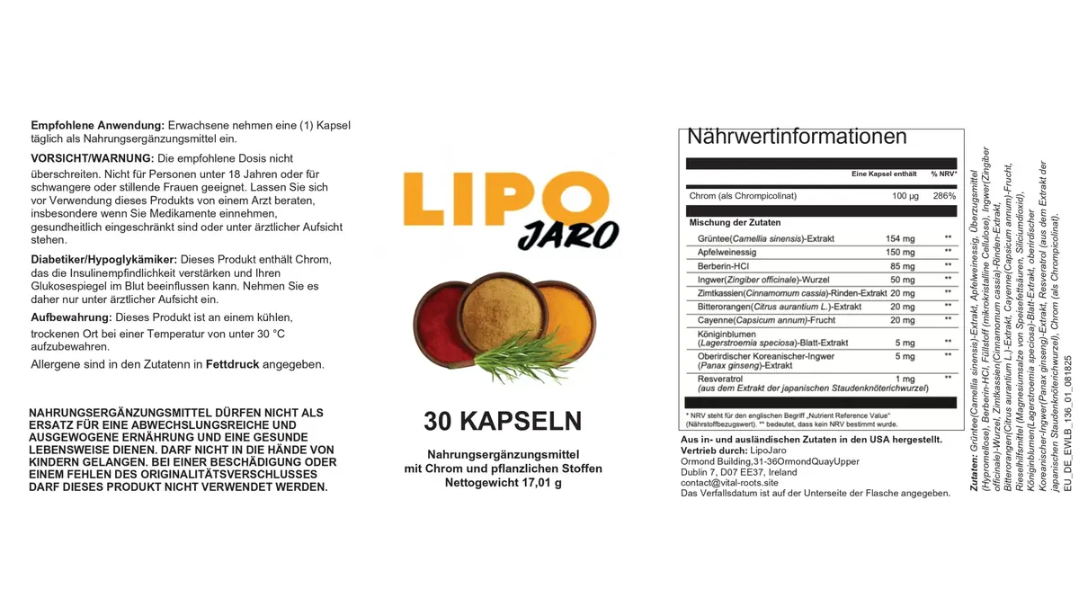LipoJaro Etikett mit Zutaten und Nährwertangaben