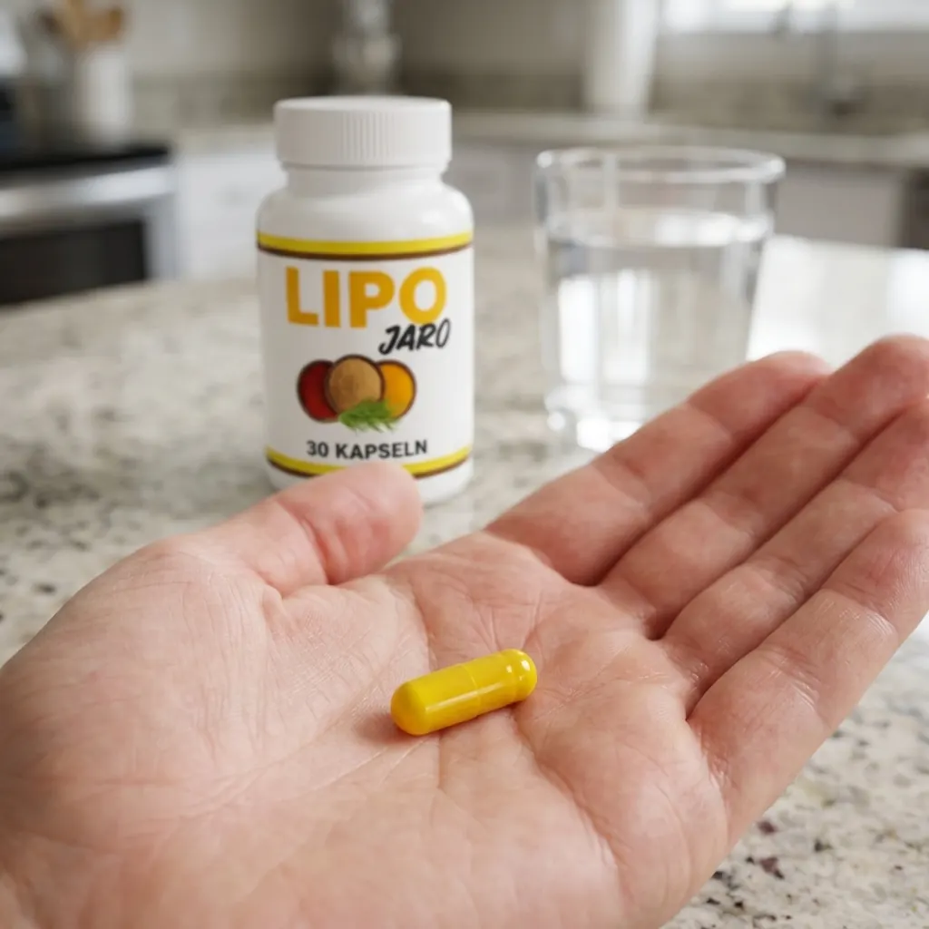 LipoJaro Kapsel in der Hand, Dose im Hintergrund