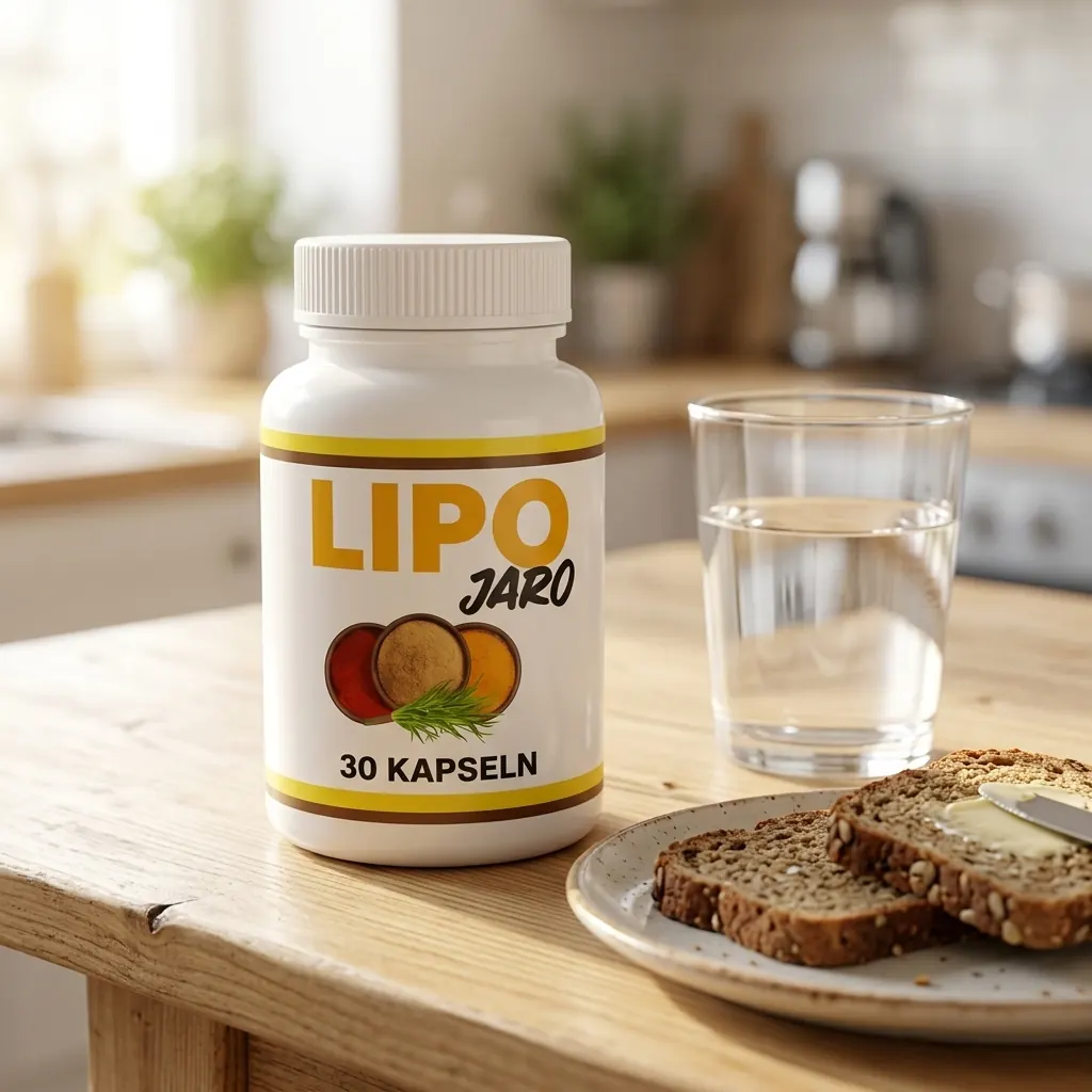 LipoJaro Dose auf dem Küchentisch neben Vollkornbrot und einem Glas Wasser